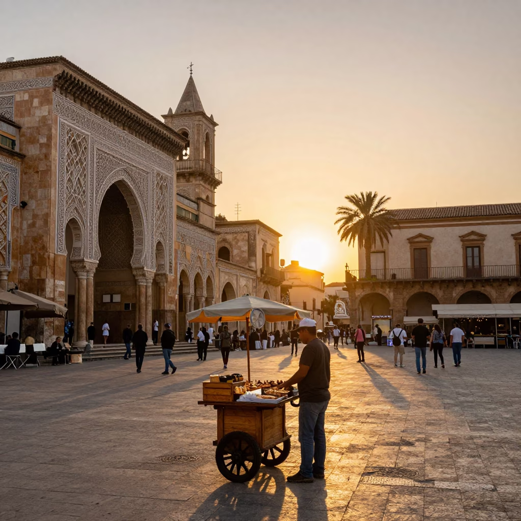 Golden Hour Street Scene in Palermo Italy with Local Food and Historic Architecture in in Palermo, Italy