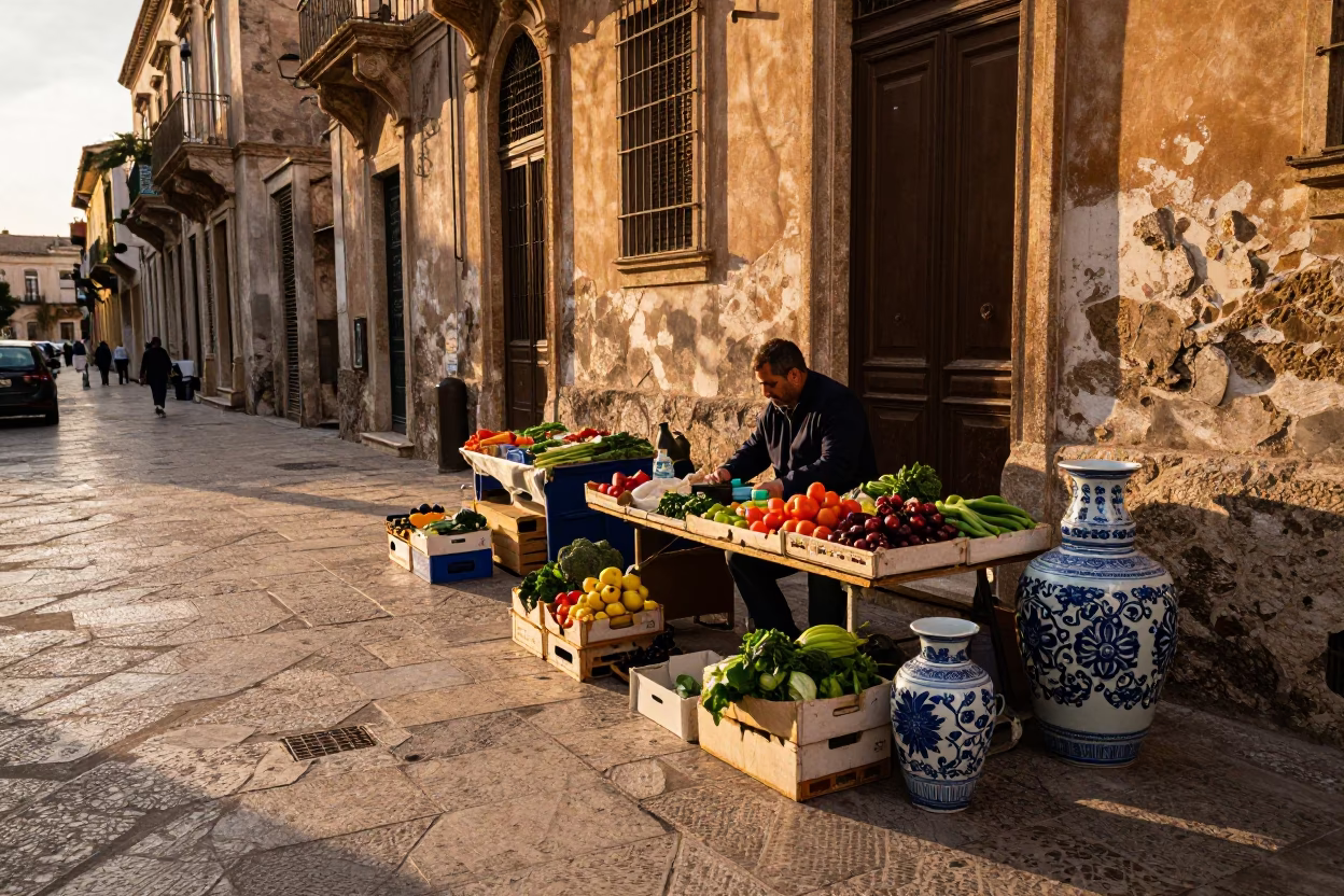 Golden Hour Street Scene in Palermo Italy with Local Vendor and Porcelain Jar in in Palermo, Italy