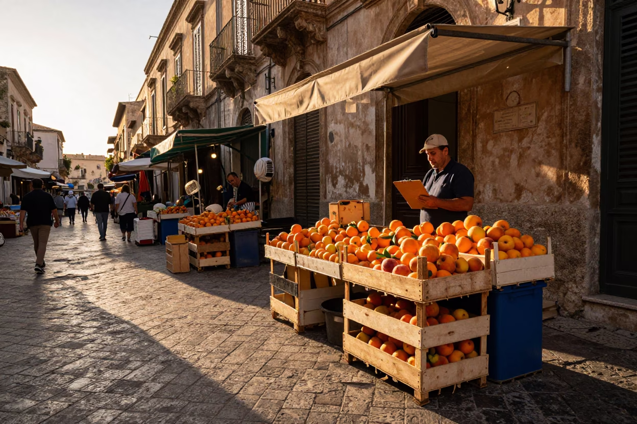 Golden Hour Street Scene in Palermo Italy with Nectarines and Clipboard in in Palermo, Italy