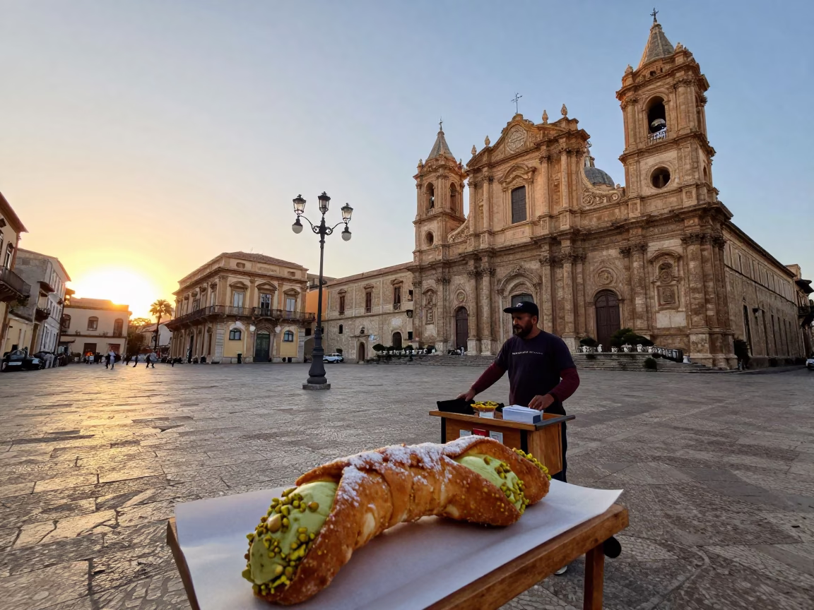 Golden Hour Street Scene in Palermo Italy with Pistachio Cannoli and Local Interaction in in Palermo, Italy