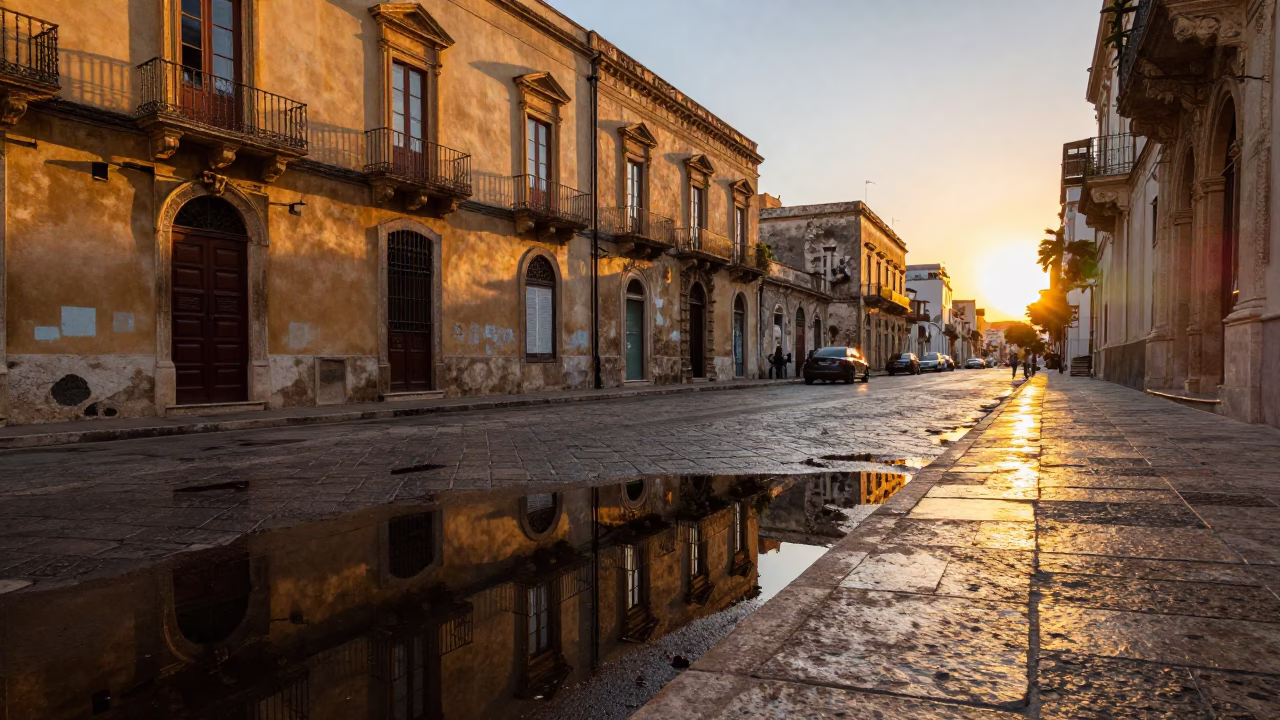 Golden Hour Street Scene in Palermo Italy with Puddle Reflections and Historic Architecture in in Palermo, Italy
