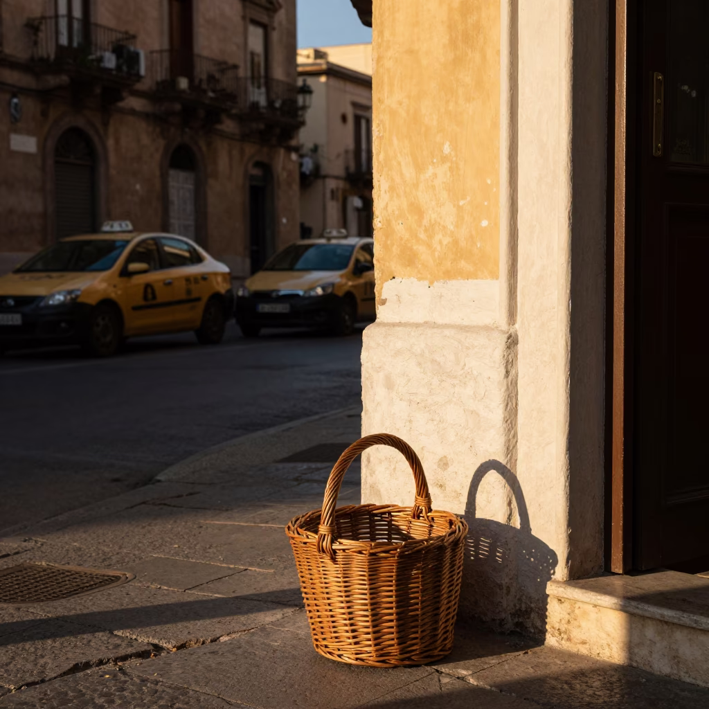 Golden Hour Street Scene in Palermo Italy with Taxi Rank and Wicker Shadows in in Palermo, Italy