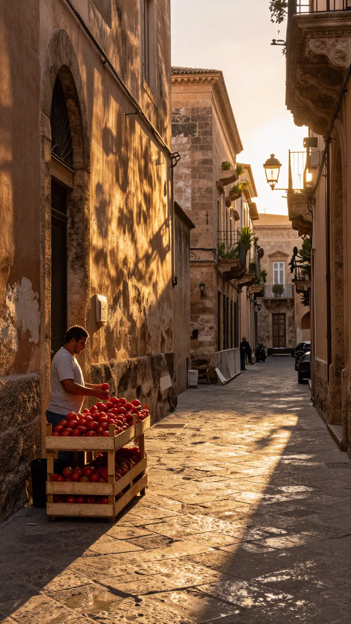 Golden Hour Street Scene in Palermo Italy with Tomatoes and Stone Architecture in in Palermo, Italy