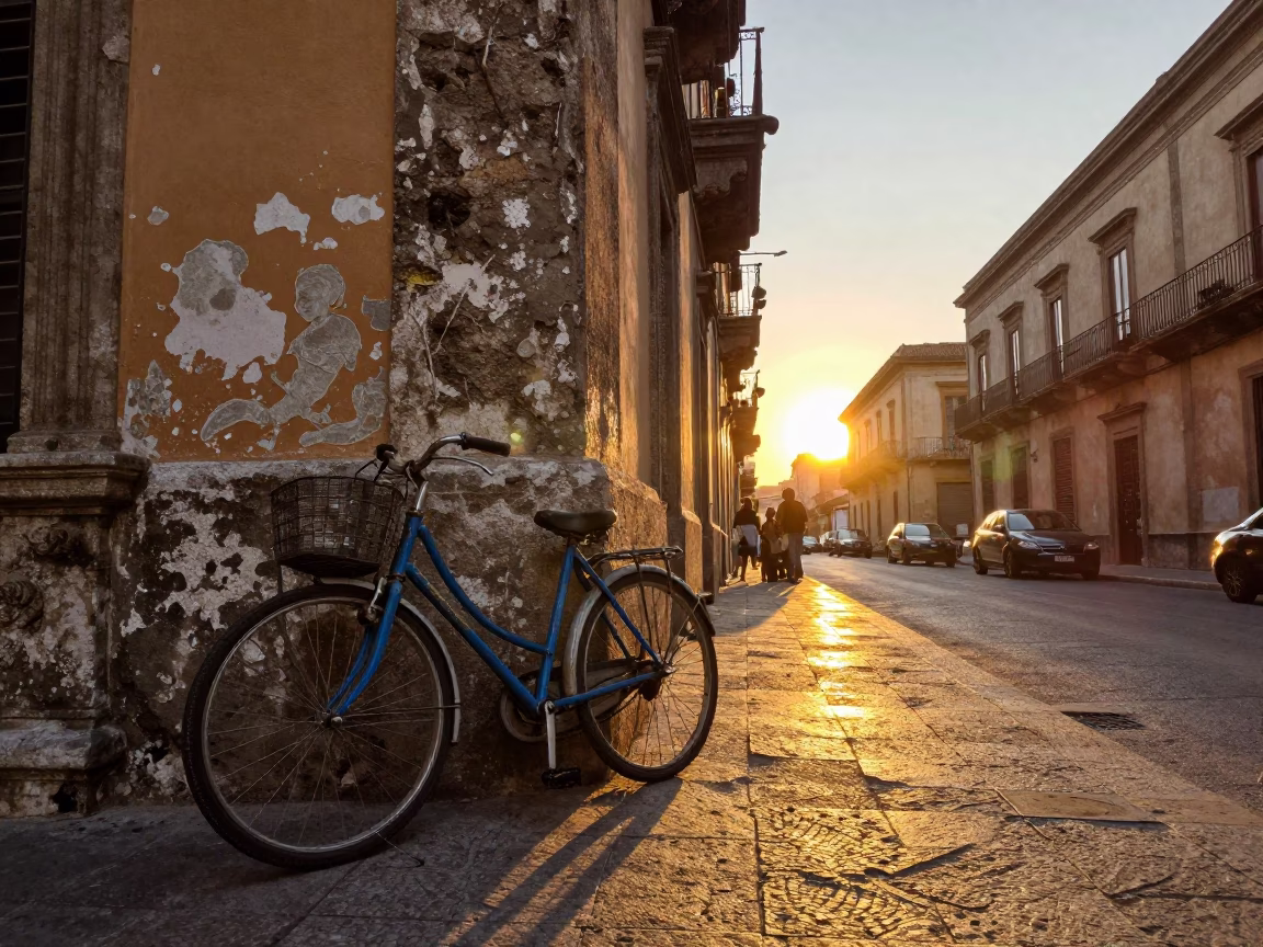 Golden Hour Street Scene in Palermo Italy with Vintage Bicycle and Market Activity in in Palermo, Italy