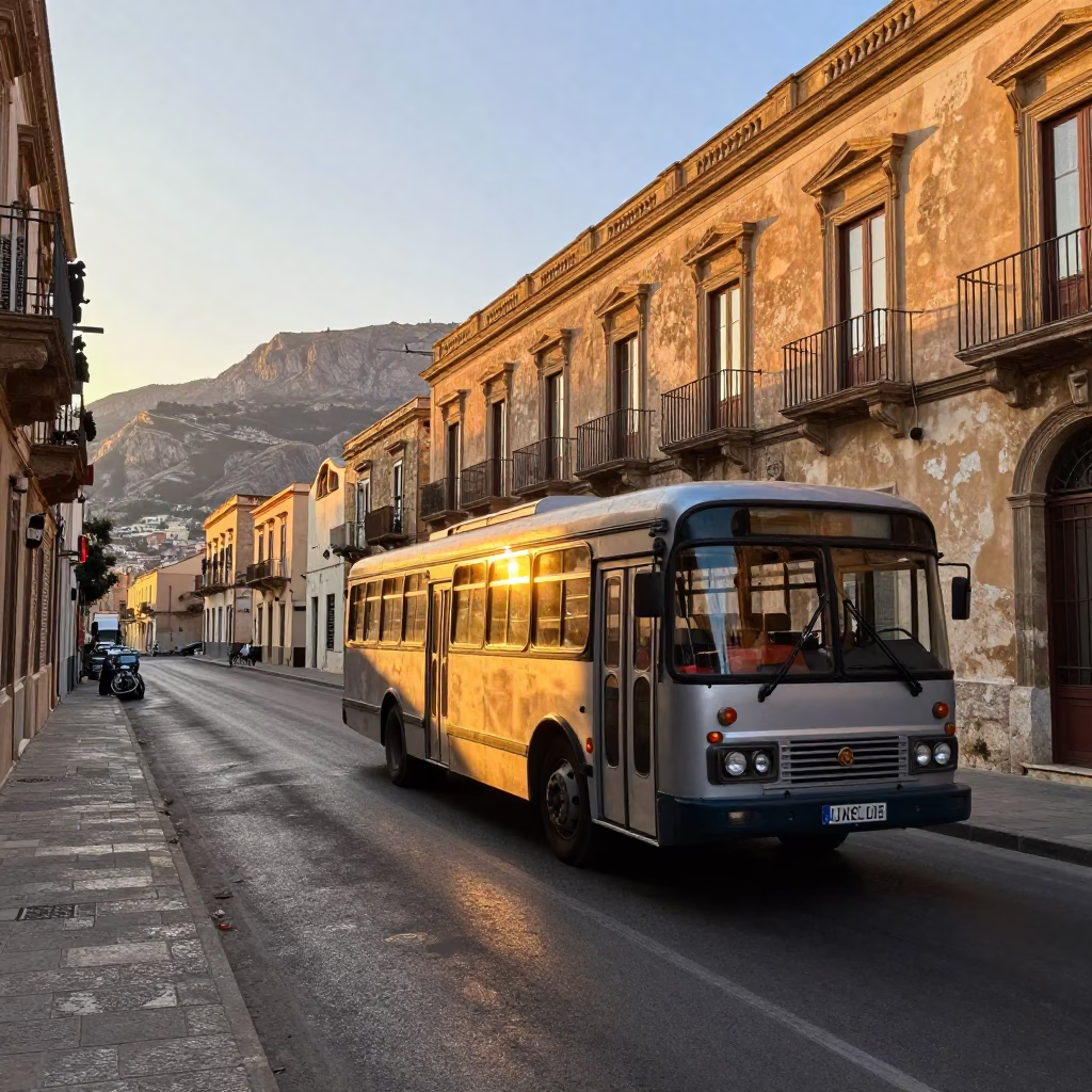 Golden Hour Street Scene in Palermo Italy with Vintage Bus and Historic Architecture in in Palermo, Italy