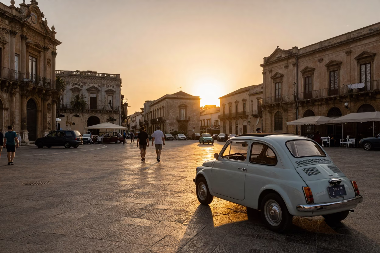 Golden Hour Street Scene in Palermo Italy with Vintage Cars and Local Life in in Palermo, Italy