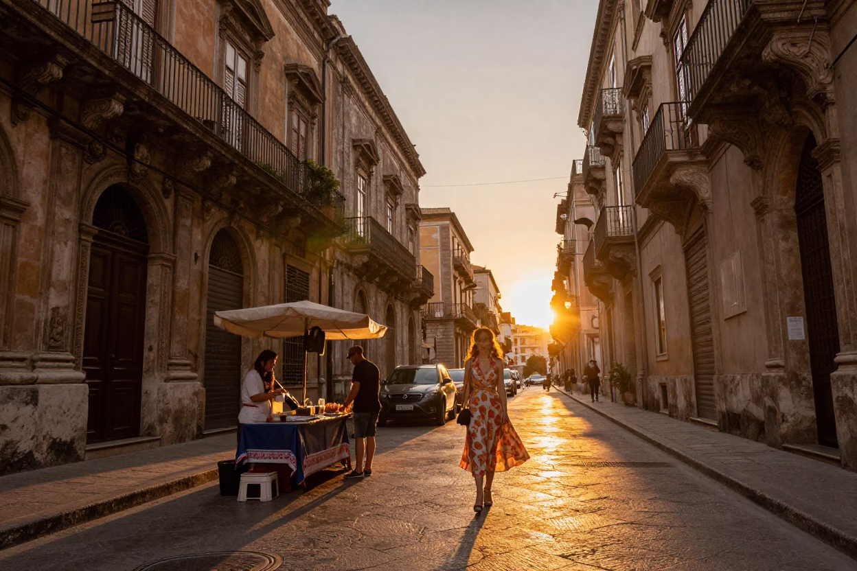 Golden Hour Street Scene in Palermo Italy with Vintage Fashion and Local Market Details in in Palermo, Italy