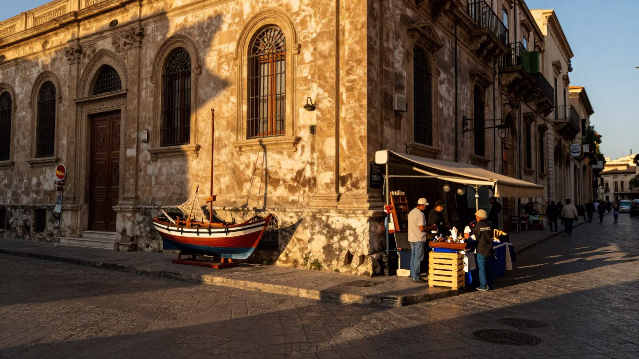 Golden Hour Street Scene in Palermo Italy with Vintage Model Ship and Traditional Architecture in in Palermo, Italy