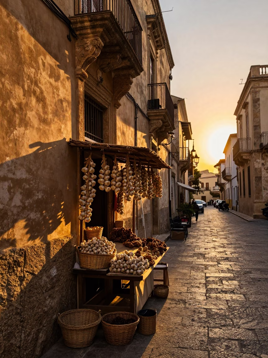 Golden Hour Street Scene in Palermo Italy with Wicker Shadows and Garlic Market Display in in Palermo, Italy