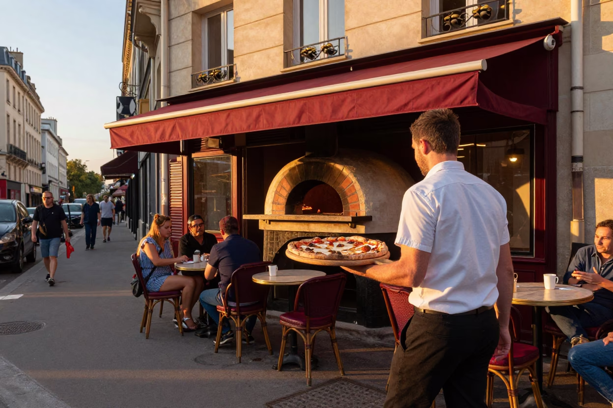 Golden Hour Street Scene in Paris France with Brick Oven Pizza and Casual Dining in in Paris, France
