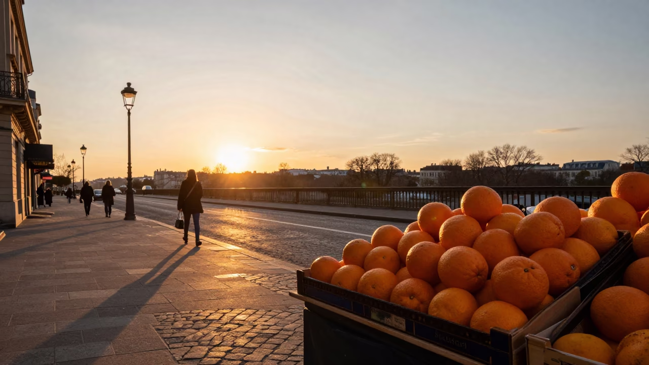 Golden Hour Street Scene in Paris France with Rust and Oranges in in Paris, France