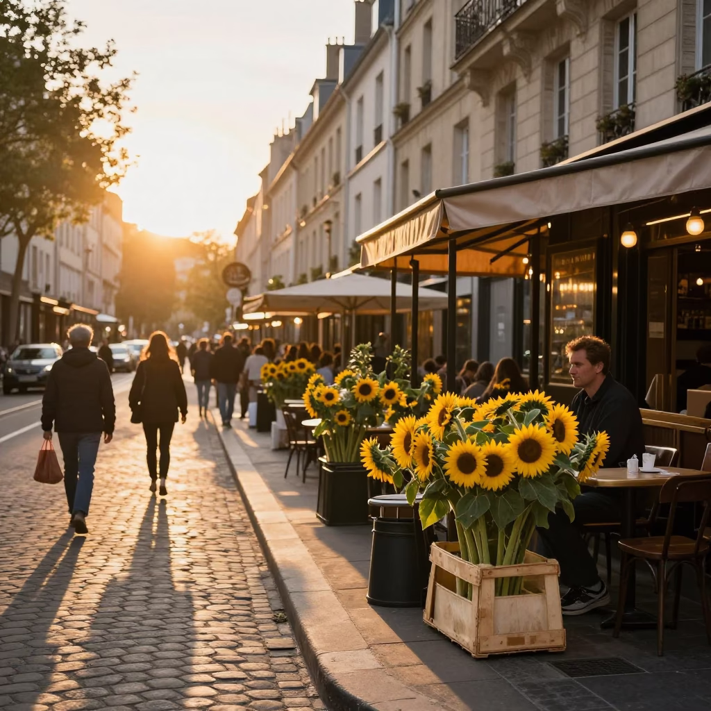 Golden Hour Street Scene in Paris France with Sunflowers and Local Market Activity in in Paris, France