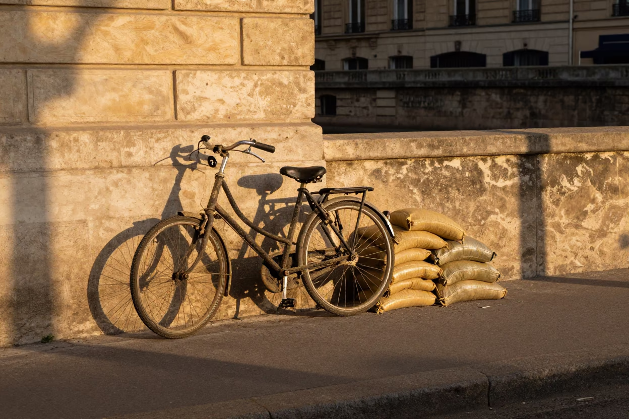 Golden Hour Street Scene in Paris France with Vintage Bicycle and Levese Sandbags in in Paris, France