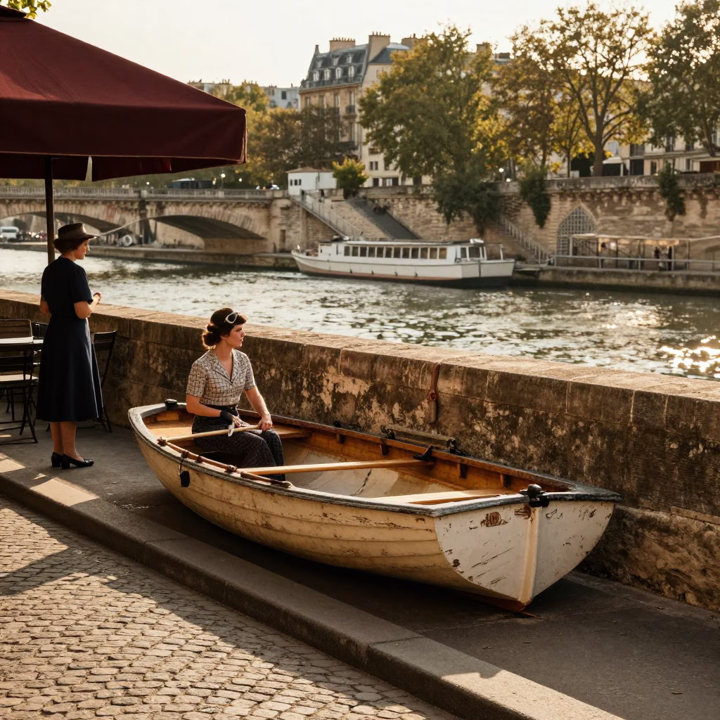 Golden Hour Street Scene in Paris France with Vintage Cafe and Local Interaction in in Paris, France
