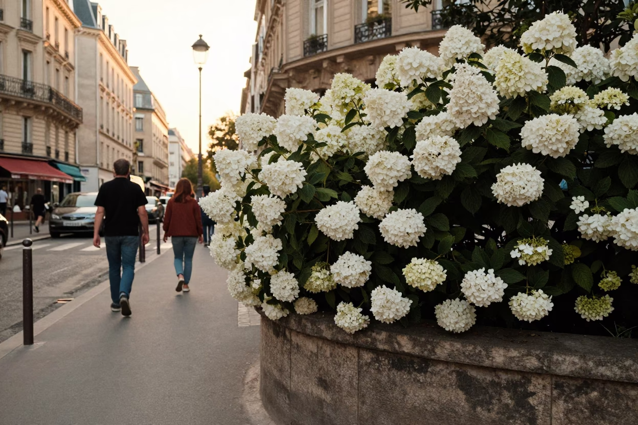 Golden Hour Street Scene in Paris with Hydrangeas and Vintage 1970s Aesthetic in in Paris, France