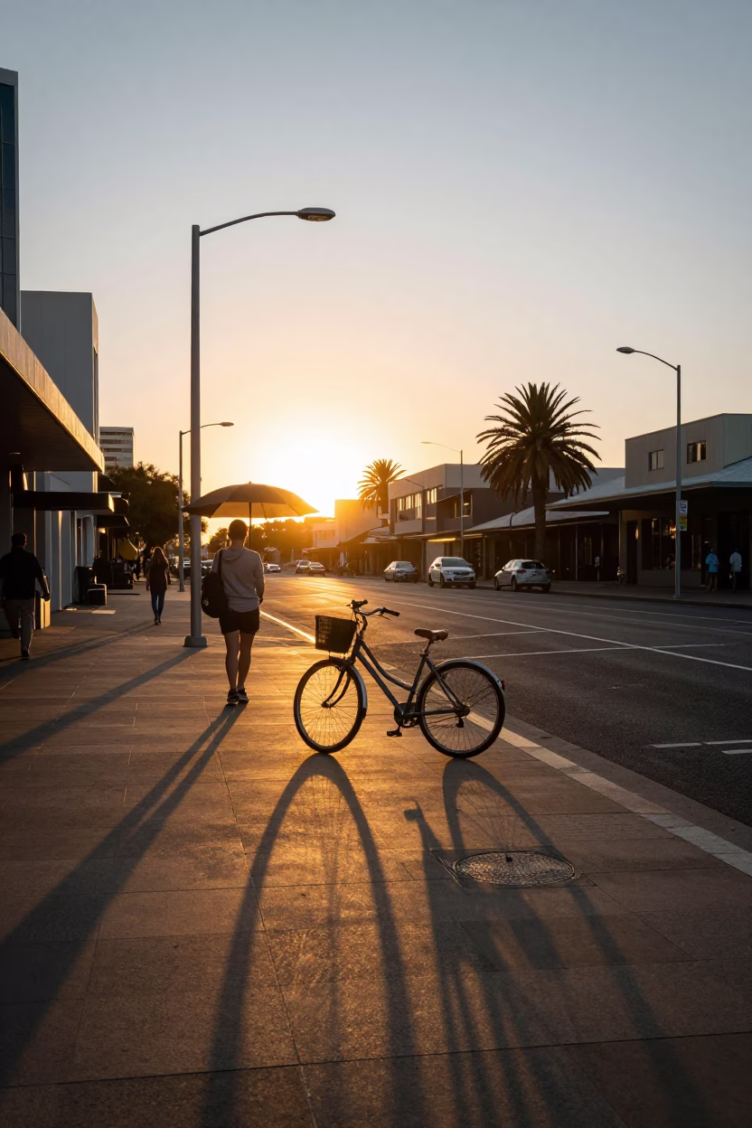 Golden Hour Street Scene in Perth Western Australia with Bicycle and Umbrellas in in Perth, Western Australia, Australia