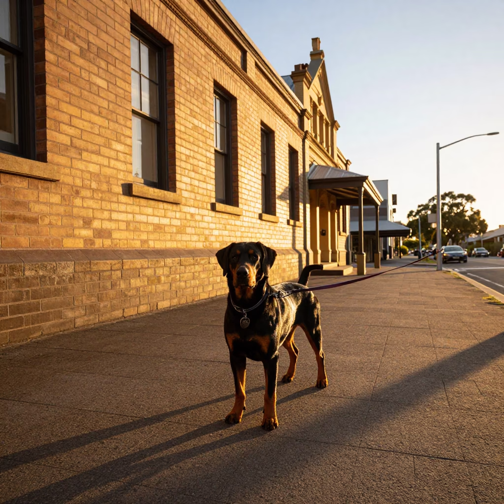 Golden Hour Street Scene in Perth Western Australia with Entlebucher Mountain Dog in in Perth, Western Australia, Australia