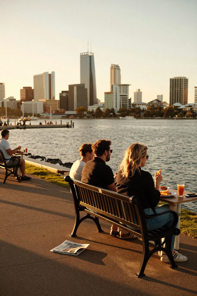 Golden Hour Street Scene in Perth Western Australia with Fish and Chips and Avocados in in Perth, Western Australia, Australia