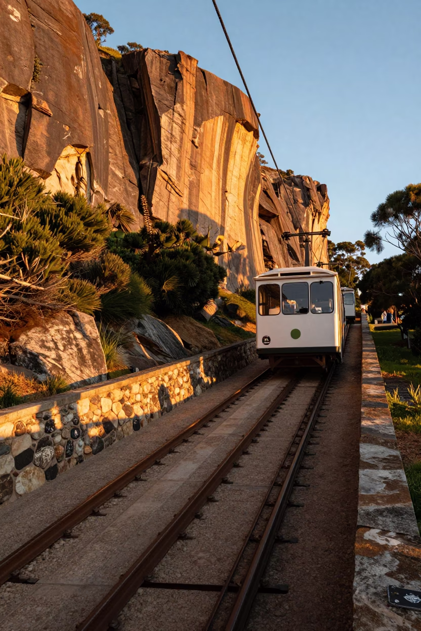 Golden Hour Street Scene in Perth Western Australia with Funicular Railway and Cliffside Views in in Perth, Western Australia, Australia