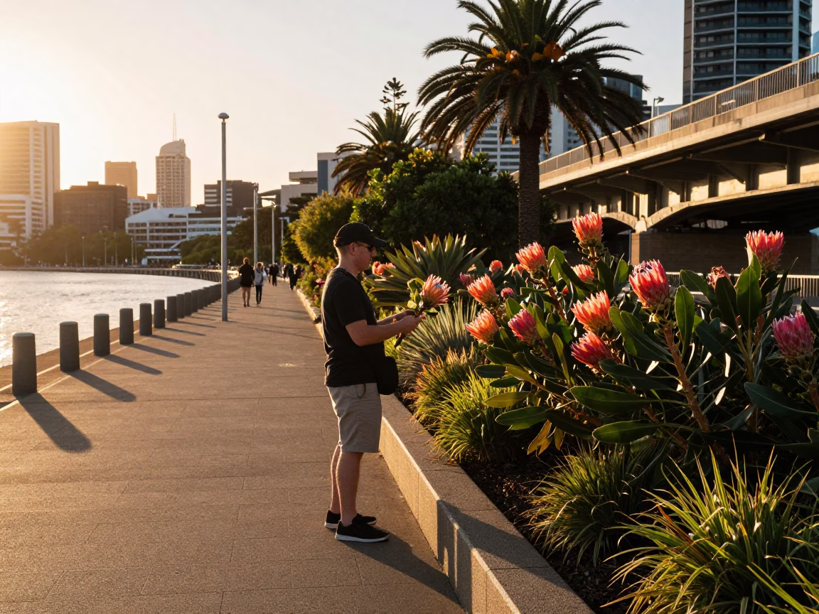 Golden Hour Street Scene in Perth Western Australia with Local Flora and Urban Architecture in in Perth, Western Australia, Australia
