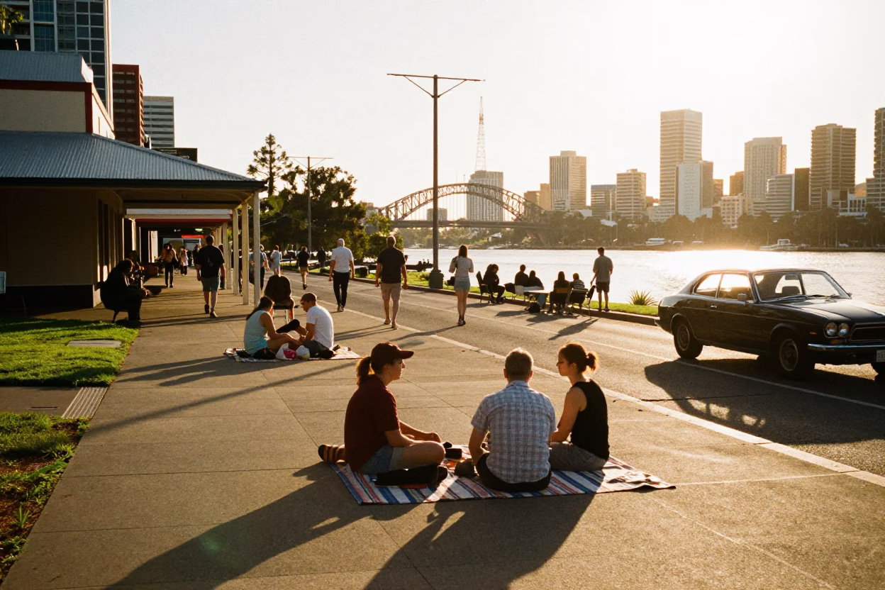 Golden Hour Street Scene in Perth Western Australia with Local Picnic and Vintage Charm in in Perth, Western Australia, Australia