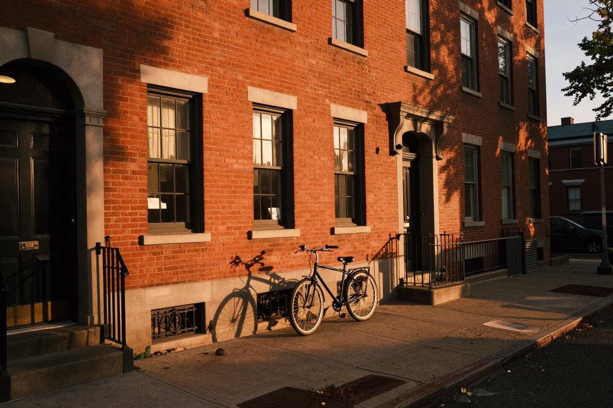 Golden Hour Street Scene in Philadelphia Pennsylvania with Bicycle Leaning Against Cafe in in Philadelphia, Pennsylvania, United States