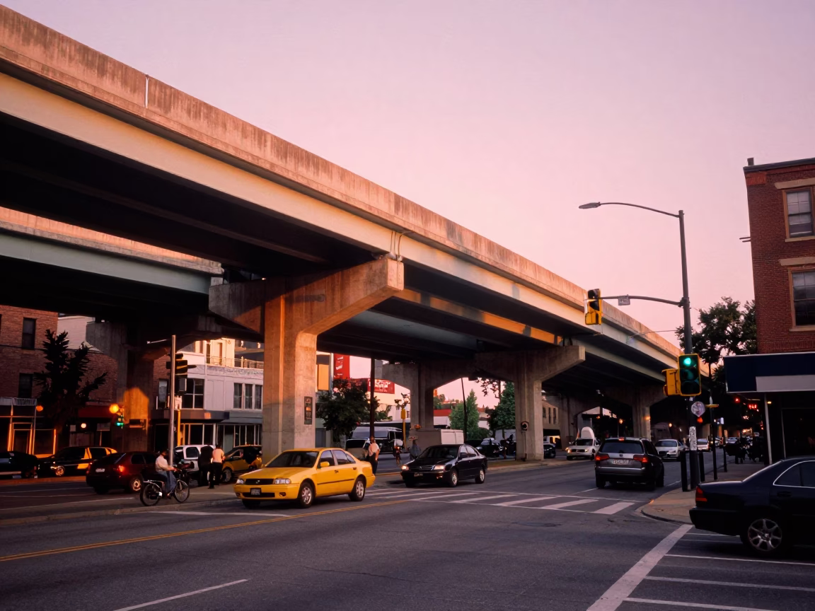 Golden Hour Street Scene in Philadelphia Pennsylvania with Highway Flyover and Urban Details in in Philadelphia, Pennsylvania, United States