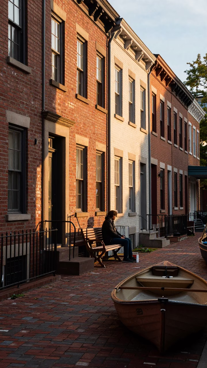 Golden Hour Street Scene in Philadelphia Pennsylvania with Kombucha and Rowboat in in Philadelphia, Pennsylvania, United States