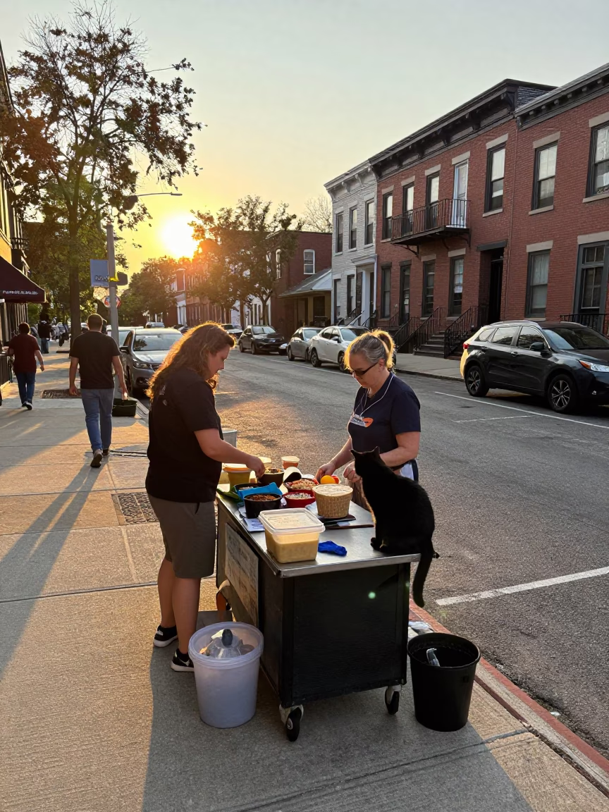 Golden Hour Street Scene in Philadelphia Pennsylvania with Local Food and Urban Details in in Philadelphia, Pennsylvania, United States