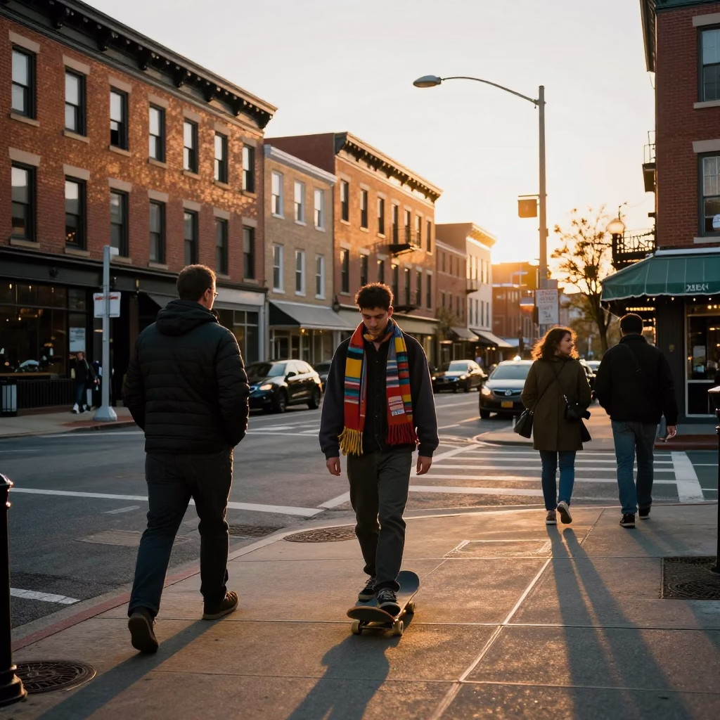 Golden Hour Street Scene in Philadelphia Pennsylvania with Skateboard and Scarf in in Philadelphia, Pennsylvania, United States
