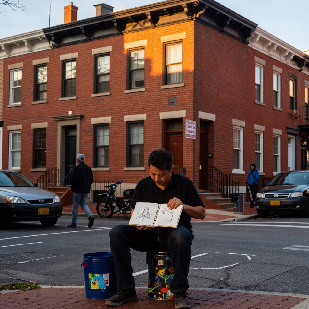 Golden Hour Street Scene in Philadelphia Pennsylvania with Sketchbook and Grease Sheen Bucket in in Philadelphia, Pennsylvania, United States