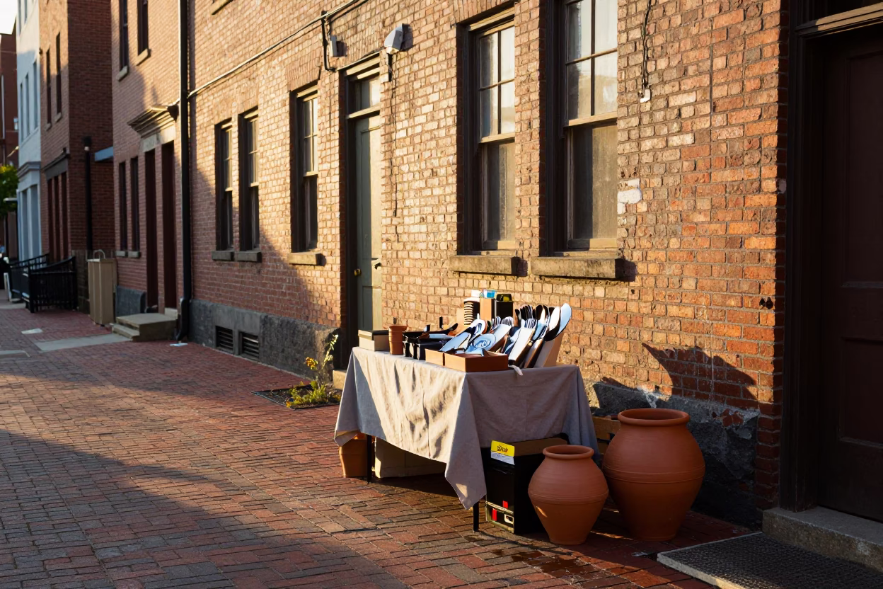 Golden Hour Street Scene in Philadelphia with Vintage Cutlery and Clay Pots in in Philadelphia, Pennsylvania, United States