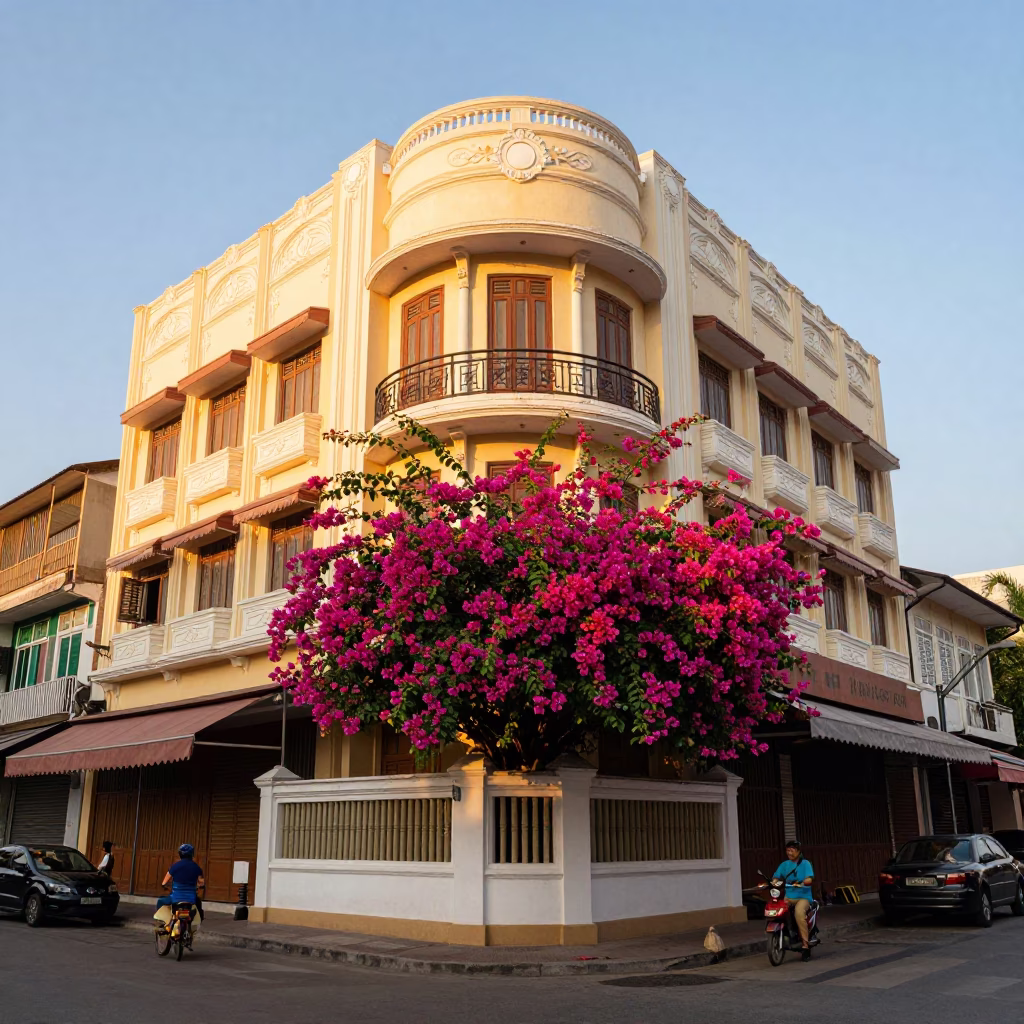 Golden Hour Street Scene in Phnom Penh Cambodia with Bougainvillea and Art Deco Architecture in in Phnom Penh, Cambodia