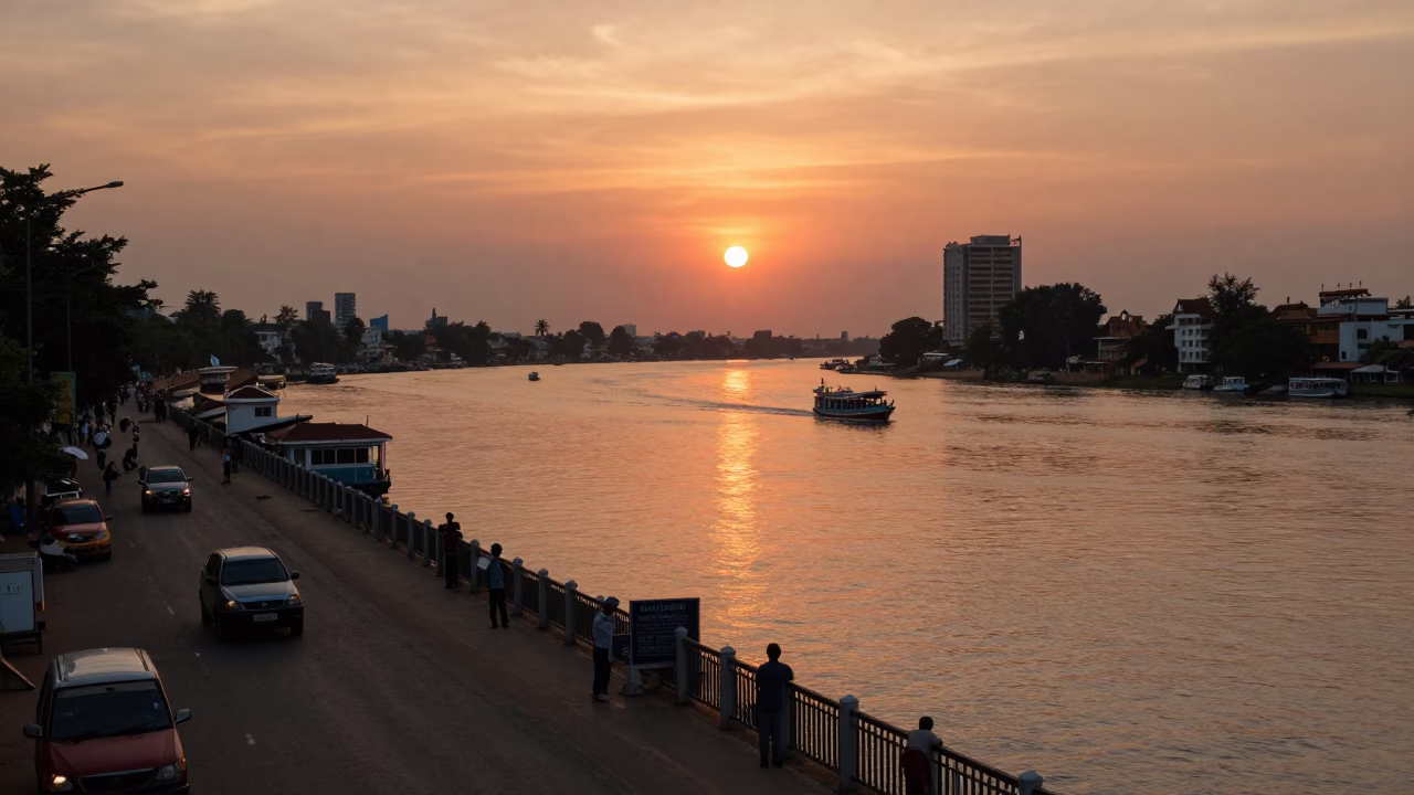 Golden Hour Street Scene in Phnom Penh Cambodia with Bridge Maintenance and River Traffic in in Phnom Penh, Cambodia