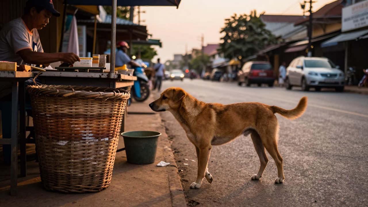 Golden Hour Street Scene in Phnom Penh Cambodia with Brown Dog in in Phnom Penh, Cambodia