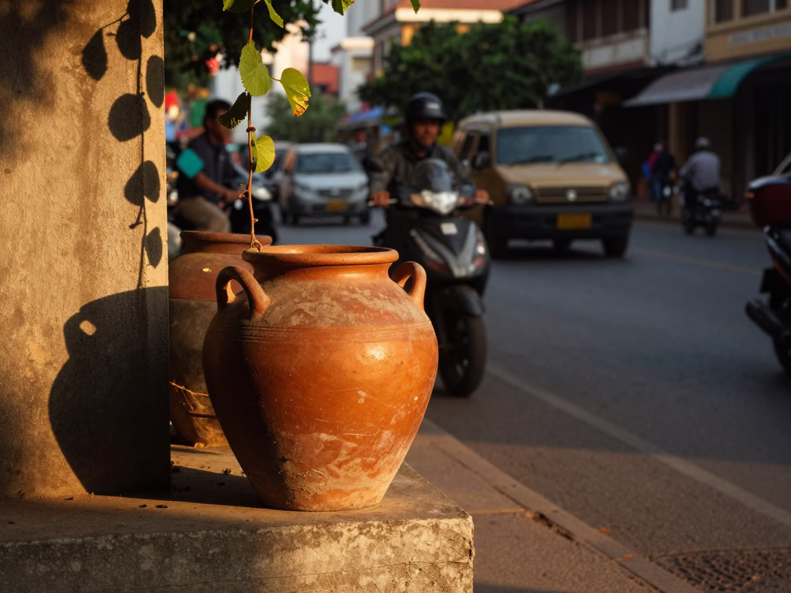 Golden Hour Street Scene in Phnom Penh Cambodia with Clay Pots and Vine in in Phnom Penh, Cambodia