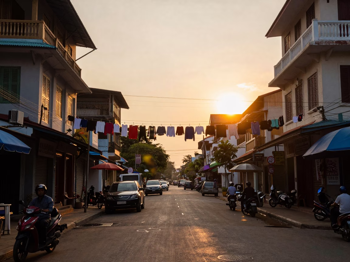 Golden Hour Street Scene in Phnom Penh Cambodia with Clothesline and Sun Stripe in in Phnom Penh, Cambodia