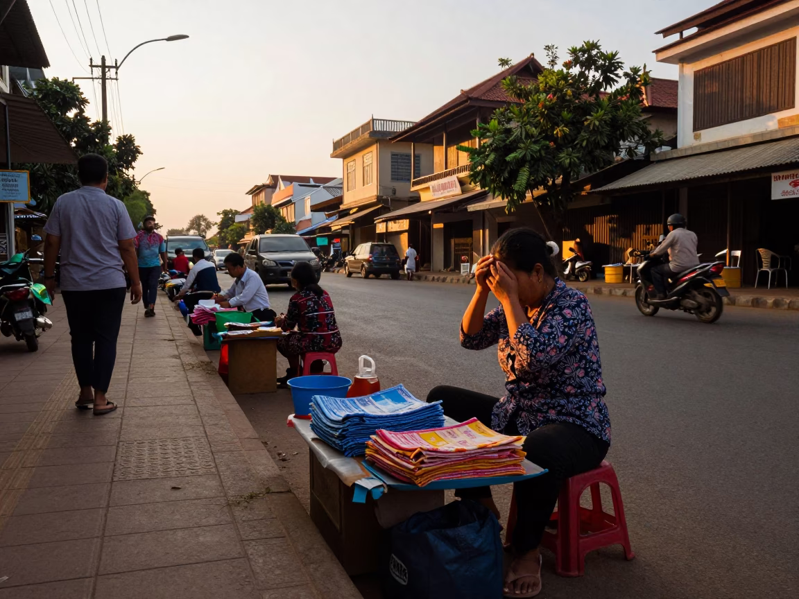 Golden Hour Street Scene in Phnom Penh Cambodia with Local Vendor and Handkerchief in in Phnom Penh, Cambodia