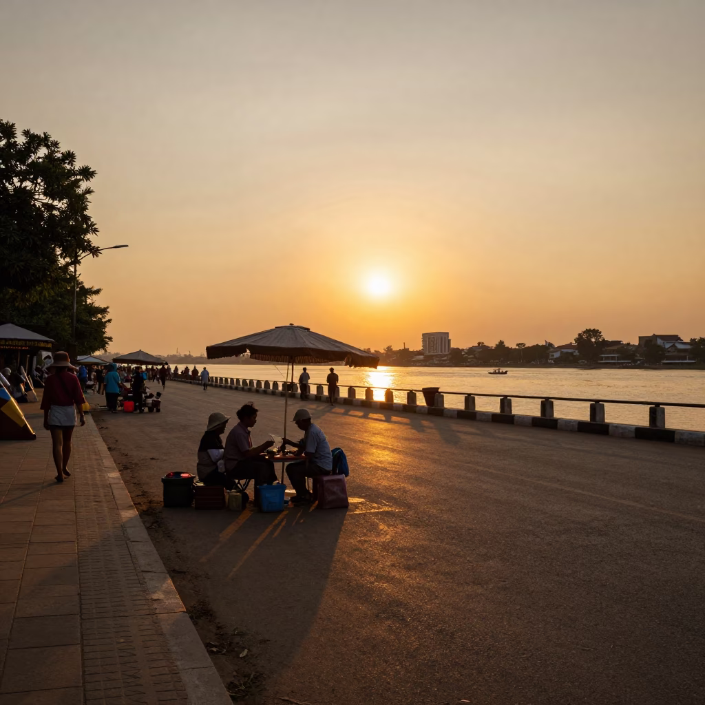 Golden Hour Street Scene in Phnom Penh Cambodia with Local Vendor and Magnolia Tree in in Phnom Penh, Cambodia