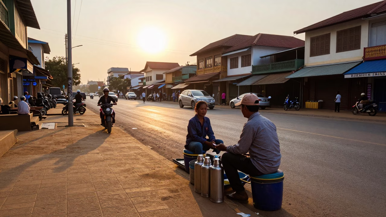 Golden Hour Street Scene in Phnom Penh Cambodia with Local Vendor and Thermos in in Phnom Penh, Cambodia