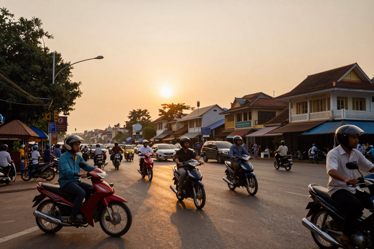 Golden Hour Street Scene in Phnom Penh Cambodia with Motorbikes and Local Life in in Phnom Penh, Cambodia