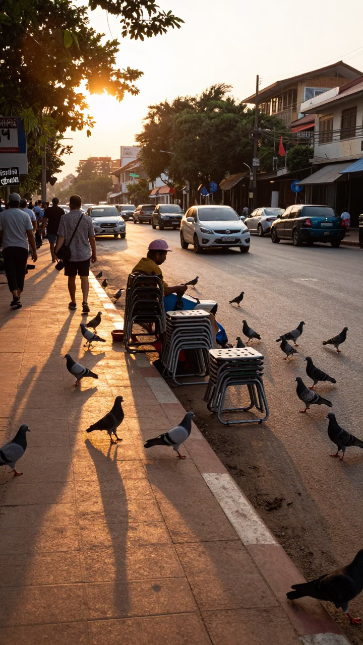 Golden Hour Street Scene in Phnom Penh Cambodia with Pigeons and Folding Stools in in Phnom Penh, Cambodia