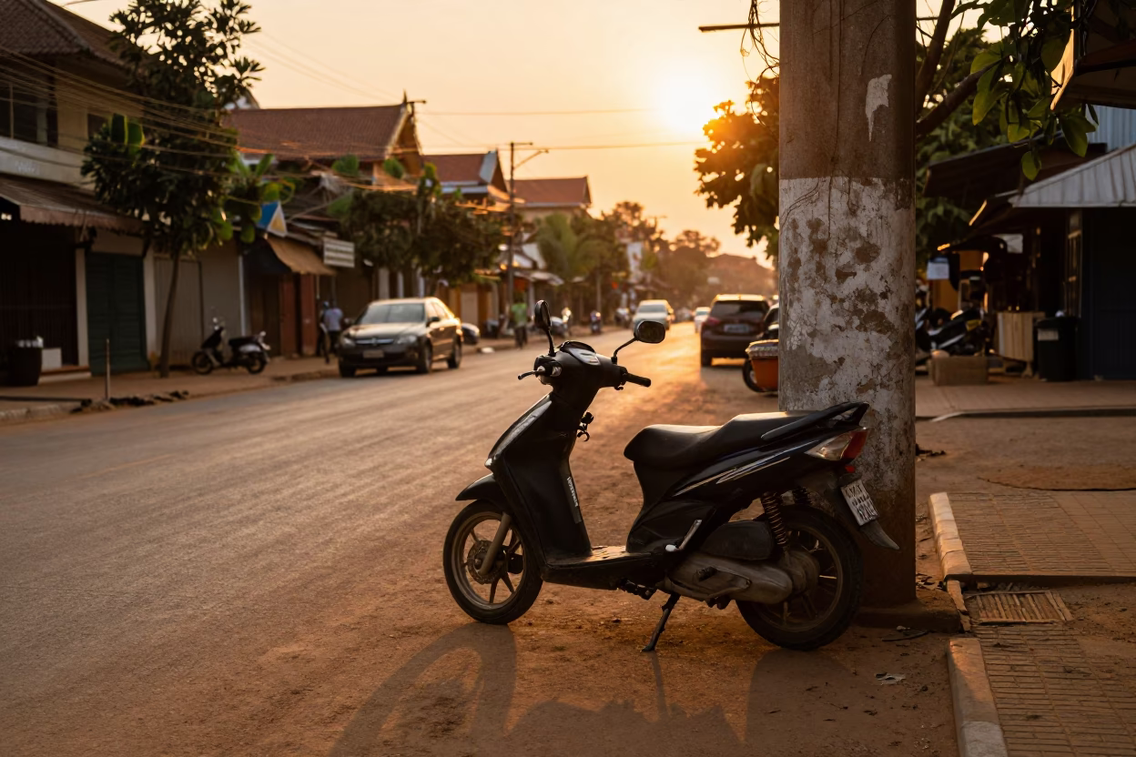 Golden Hour Street Scene in Phnom Penh Cambodia with Scooter and Bucket in in Phnom Penh, Cambodia