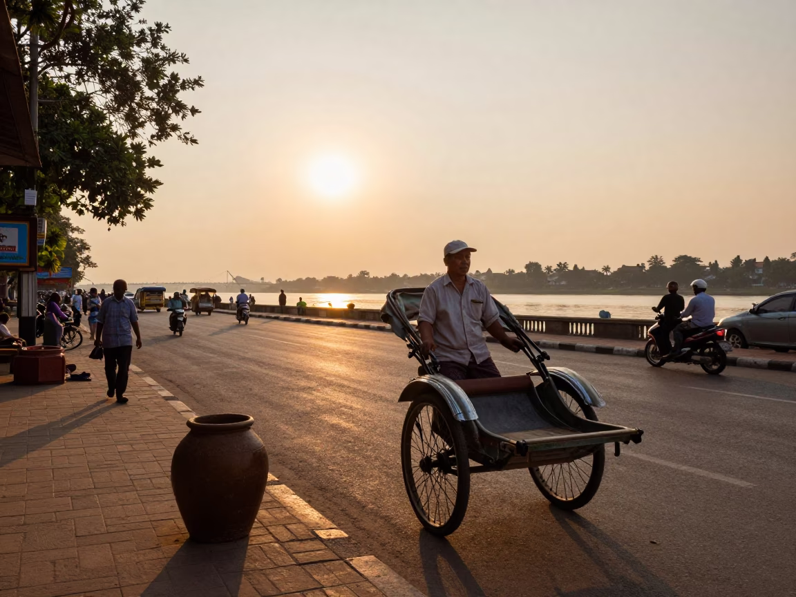 Golden Hour Street Scene in Phnom Penh Cambodia with Spice Jar and Rickshaw in in Phnom Penh, Cambodia