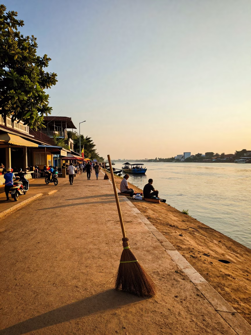 Golden Hour Street Scene in Phnom Penh Cambodia with Traditional Broom and Riverfront Life in in Phnom Penh, Cambodia