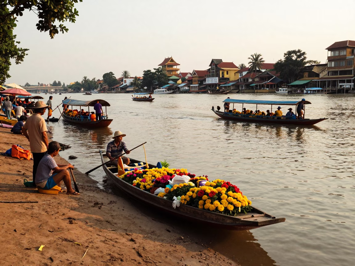 Golden Hour Street Scene in Phnom Penh Cambodia with Traditional Sampan and River Activity in in Phnom Penh, Cambodia