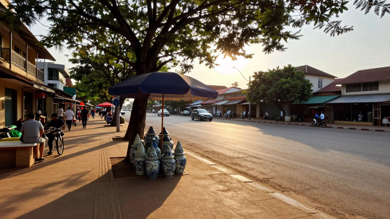 Golden Hour Street Scene in Phnom Penh Cambodia with Umbrella Stand and Porcelain Jars in in Phnom Penh, Cambodia