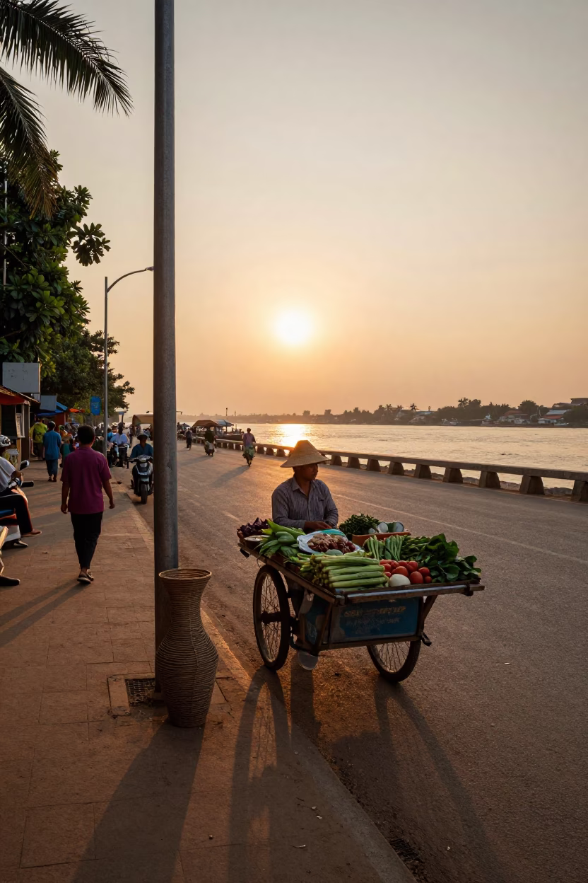 Golden Hour Street Scene in Phnom Penh Cambodia with Vase and Twine in in Phnom Penh, Cambodia