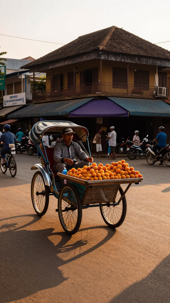 Golden hour street scene in Phnom Penh with fruit vendor and rickshaw in in Phnom Penh, Cambodia