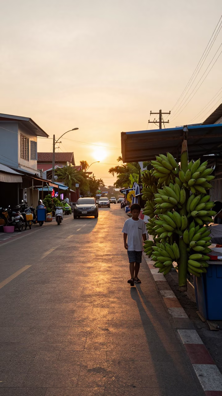 Golden Hour Street Scene in Phuket Thailand with Banana Bunches and Local Vendor in in Phuket, Thailand